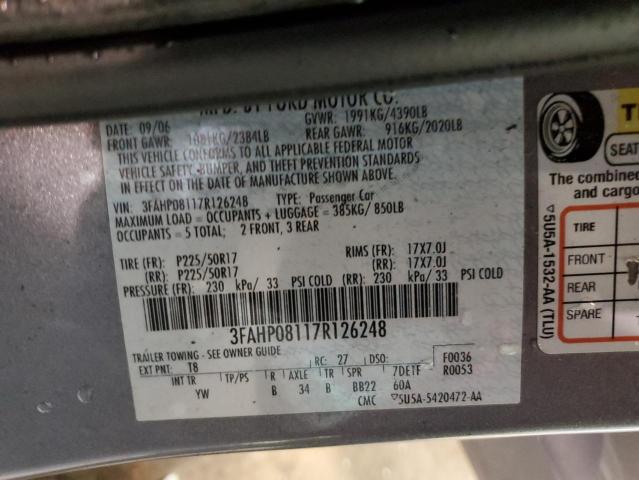 3FAHP08117R126248 - 2007 FORD FUSION SEL GRAY photo 10