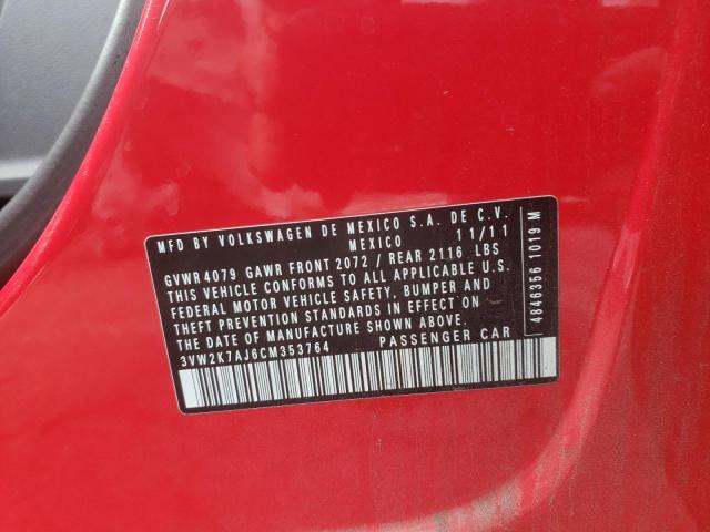 3VW2K7AJ6CM353764 - 2012 VOLKSWAGEN JETTA BASE RED photo 10