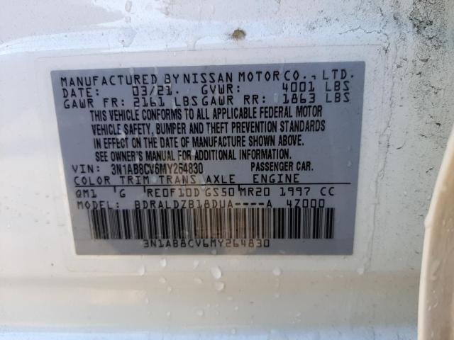 3N1AB8CV6MY264830 - 2021 NISSAN SENTRA SV WHITE photo 10