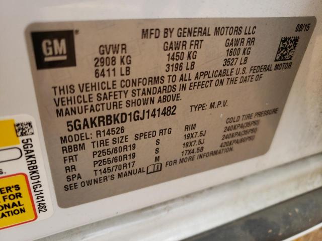 5GAKRBKD1GJ141482 - 2016 BUICK ENCLAVE WHITE photo 10