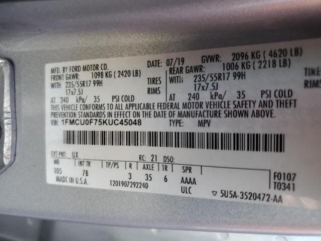 1FMCU0F75KU****** - 2019 FORD ESCAPE S SILVER photo 10