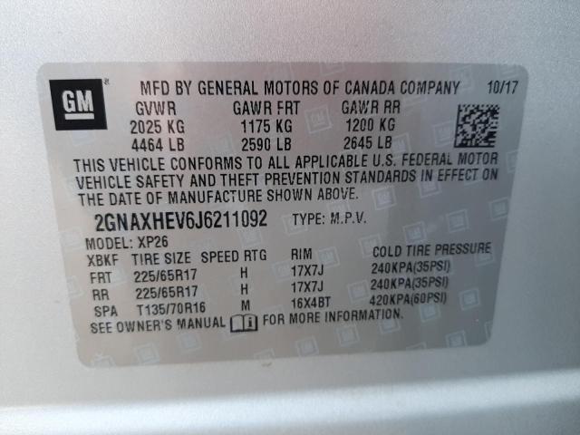 2GNAXHEV6J6211092 - 2018 CHEVROLET EQUINOX LS ვერცხლისფერი ფოტო 10