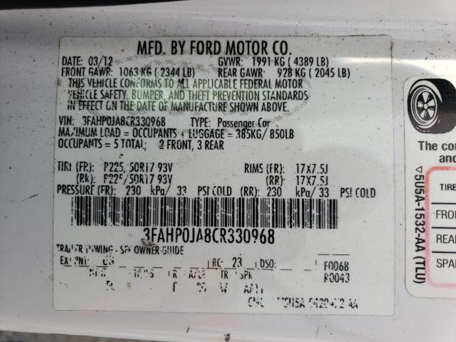 3FAHP0JA8CR330968 - 2012 FORD FUSION SEL WHITE photo 10