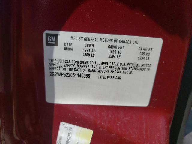 2G2WP522051140986 - 2005 PONTIAC GRAND PRIX წითელი ფოტო 10