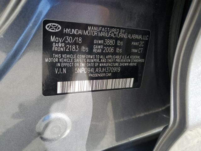 5NPD94LA9JH370919 - 2018 HYUNDAI ELANTRA EC CHARCOAL photo 10