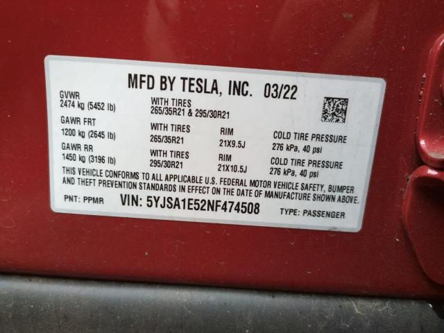 5YJSA1E52NF474508 - 2022 TESLA MODEL S Rojo foto 10