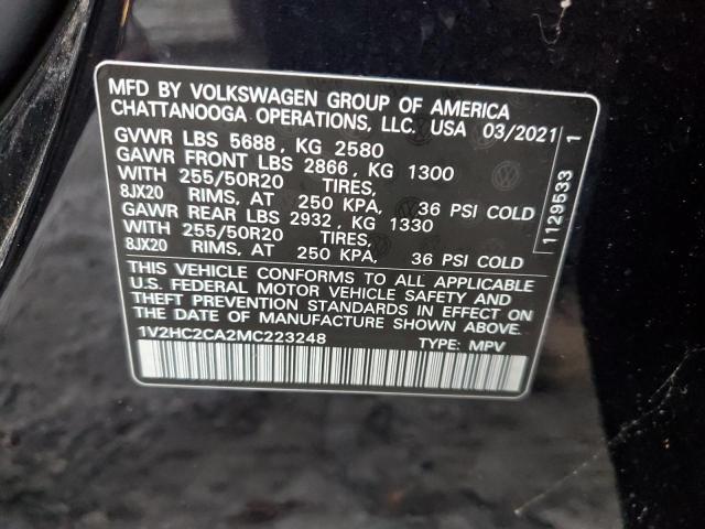 1V2HC2CA2MC223248 - 2021 VOLKSWAGEN ATLAS CROS BLACK photo 10