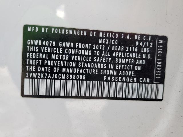 3VW2K7AJ0CM398098 - 2012 VOLKSWAGEN JETTA BASE WHITE photo 12