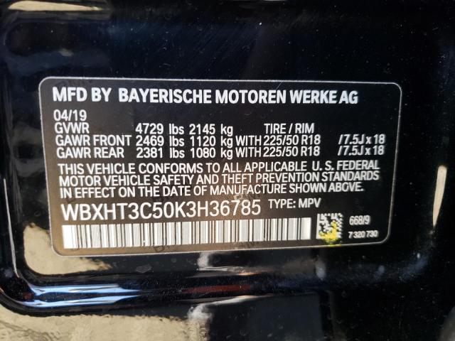 WBXHT3C50K3H36785 - 2019 BMW X1 XDRIVE2 BLACK photo 10