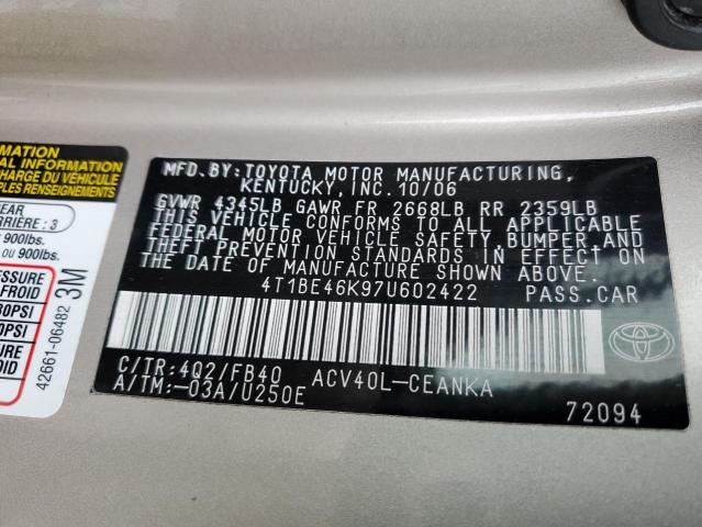4T1BE46K97U602422 - 2007 TOYOTA CAMRY LE A Алтын фото 10