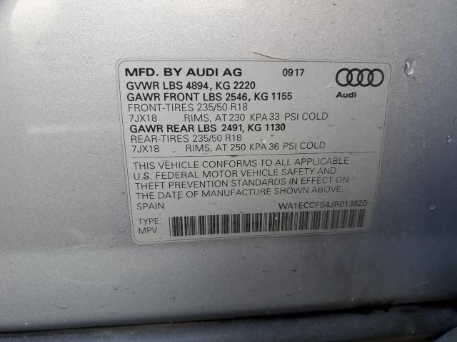 WA1ECCFS4JR013820 - 2018 AUDI Q3 PREMIUM SILVER photo 10