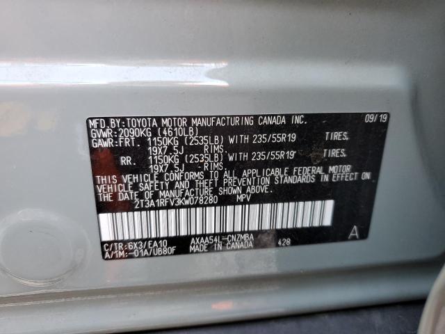 2T3A1RFV3KW078280 - 2019 TOYOTA RAV4 XLE P GRAY photo 10