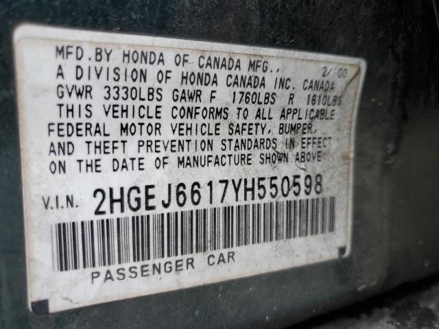 2HGEJ6617YH550598 - 2000 HONDA CIVIC BASE GREEN photo 10