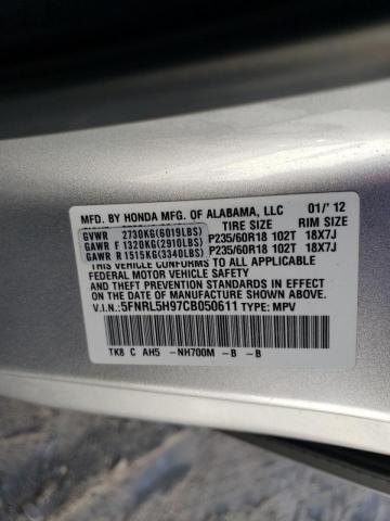 5FNRL5H97CB050611 - 2012 HONDA ODYSSEY TO SILVER photo 10