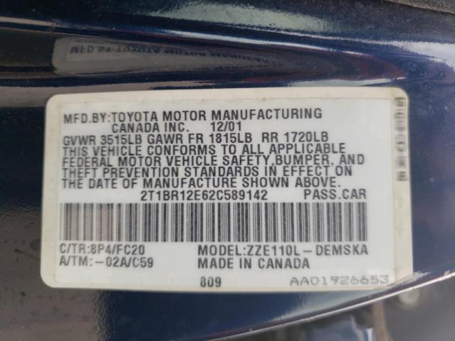 2T1BR12E62C589142 - 2002 TOYOTA COROLLA S BLUE photo 10