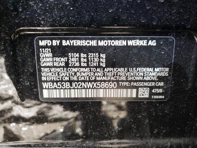 WBA53BJ02NWX58690 - 2022 BMW 540 I BLACK photo 10