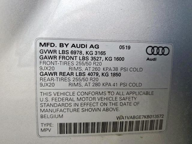 WA1VABGE7KB013572 - 2019 AUDI E-TRON PRE SILVER photo 10