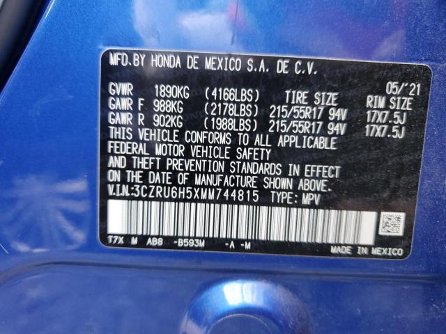 3CZRU6H5XMM744815 - 2021 HONDA HR-V EX BLUE photo 10