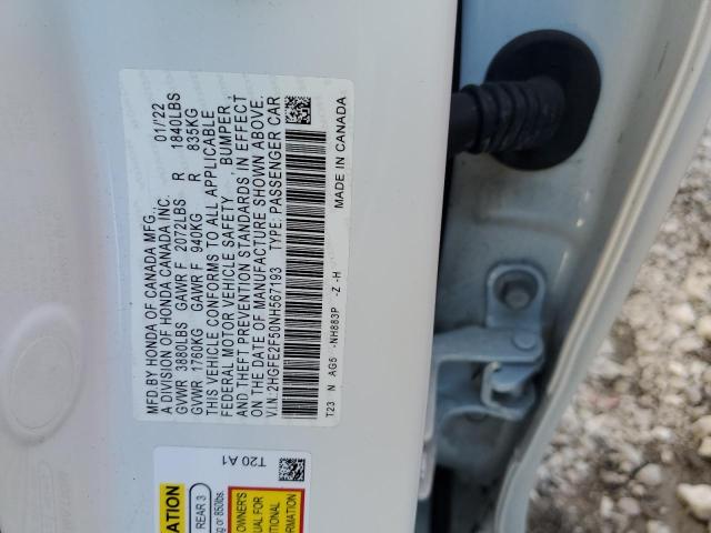 2HGFE2F50NH567193 - 2022 HONDA CIVIC SPOR 白色 照片 10