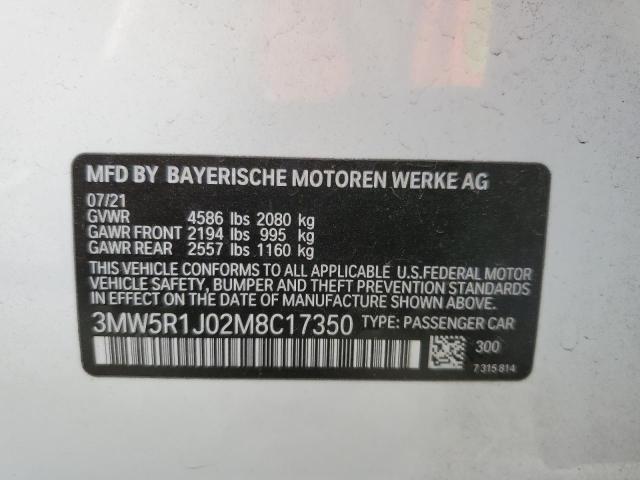 3MW5R1J02M8C17350 - 2021 BMW 330I WHITE photo 10