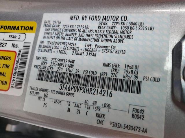 3FA6P0VPXHR214216 - 2017 FORD FUSION SPO SILVER photo 10