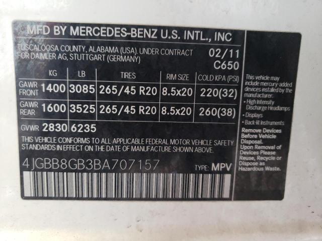 4JGBB8GB3BA707157 - 2011 MERCEDES-BENZ ML 350 4MA WHITE photo 10
