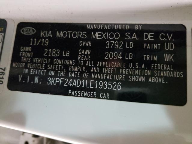 3KPF24AD1LE193526 - 2020 KIA FORTE FE WHITE photo 12