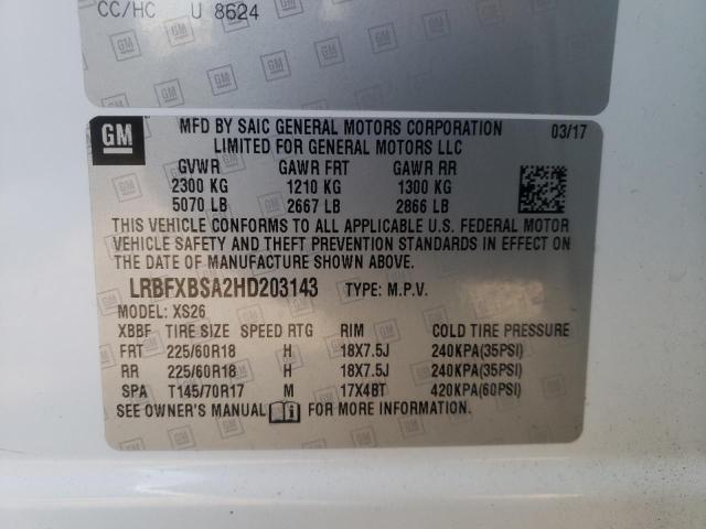 LRBFXBSA2HD203143 - 2017 BUICK ENVISION E WHITE photo 10