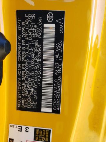 JTKJF5C7XC3023063 - 2012 TOYOTA SCION TC ყვითელი ფოტო 10