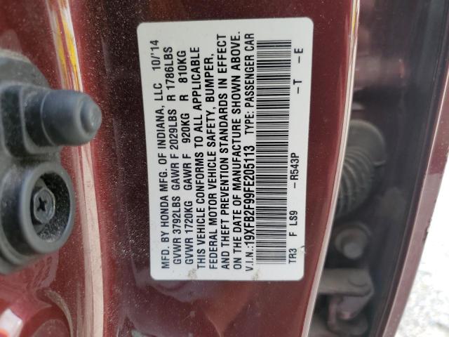19XFB2F99FE205113 - 2015 HONDA CIVIC EXL Bordeaux photo 10