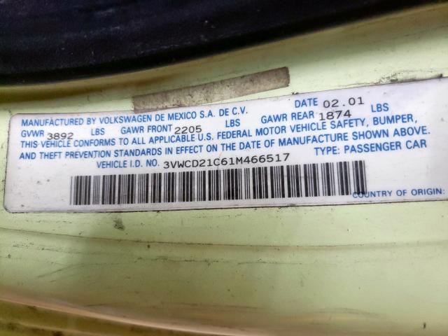 3VWCD21C61M466517 - 2001 VOLKSWAGEN NEW BEETLE 绿色 照片 10
