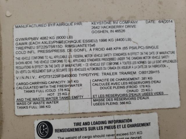 4YDT31229FB450930 - 2015 KEYSTONE OUTBACK TWO TONE photo 10