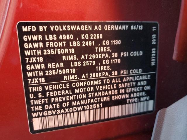 WVGBV3AX0DW102551 - 2013 VOLKSWAGEN TIGUAN S BURGUNDY photo 10