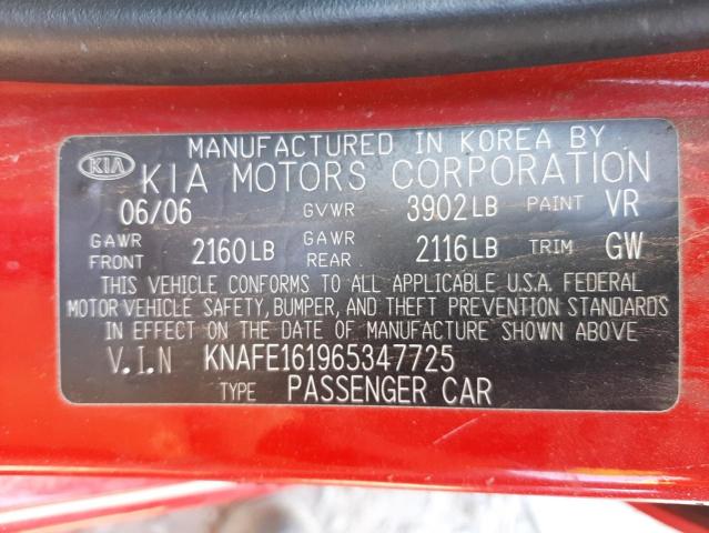 KNAFE161965347725 - 2006 KIA SPECTRA5 RED photo 10