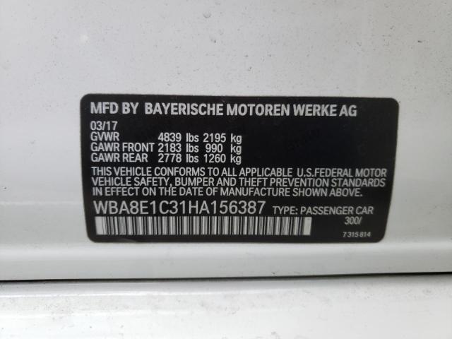 WBA8E1C31HA156387 - 2017 BMW 330E WHITE photo 10