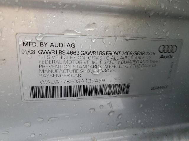 WAUAF78E08A137499 - 2008 AUDI A4 2.0T SILVER photo 10