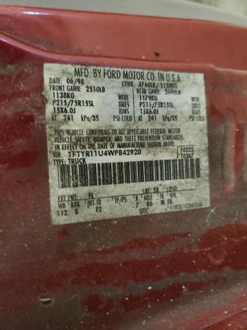1FTYR11U4WPB42920 - 1998 FORD RANGER RED photo 10