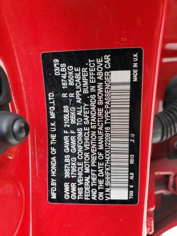 SHHFK7H4XKU220916 - 2019 HONDA CIVIC SPOR 红色 照片 10