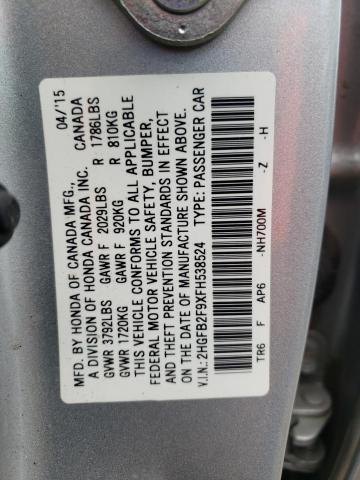 2HGFB2F9XFH538524 - 2015 HONDA CIVIC EXL 灰色 照片 10