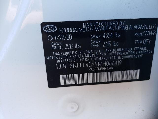 5NPEF4JA9MH086419 - 2021 HYUNDAI SONATA SEL WHITE photo 10