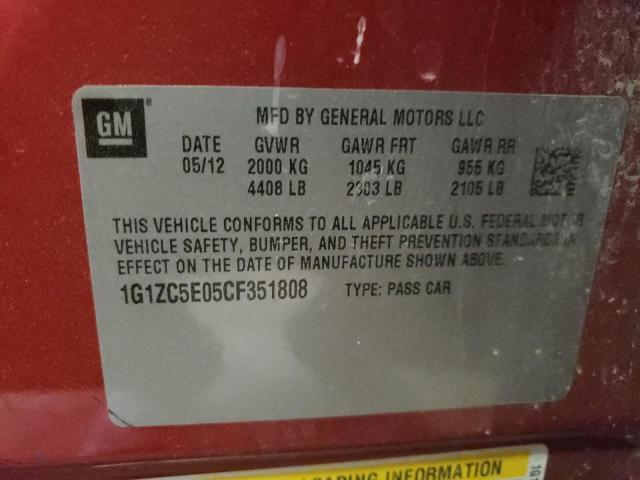 1G1ZC5E05CF351808 - 2012 CHEVROLET MALIBU 1LT მუქწითელი ფოტო 10