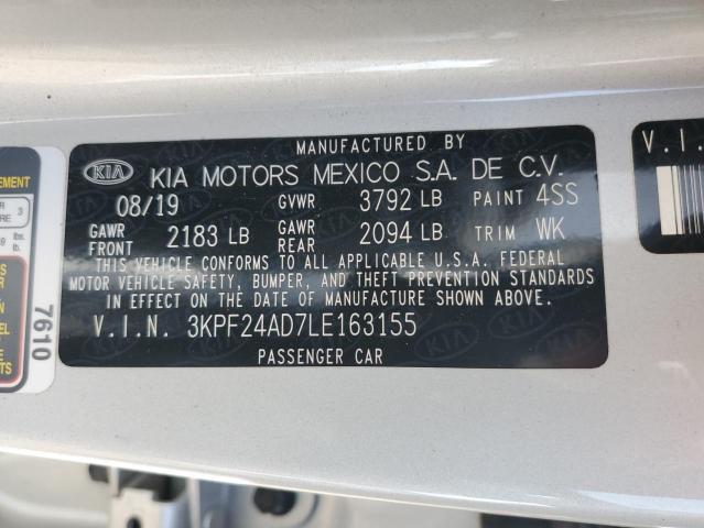 3KPF24AD7LE****** - 2020 KIA FORTE FE SILVER photo 10