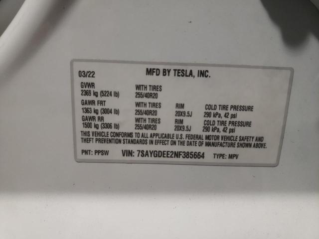 7SAYGDEE2NF385664 - 2022 TESLA MODEL Y Blanc photo 10