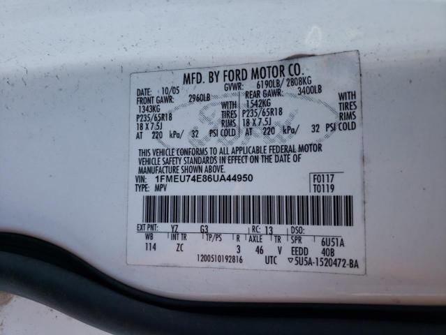 1FMEU74E86UA44950 - 2006 FORD EXPLORER E WHITE photo 10