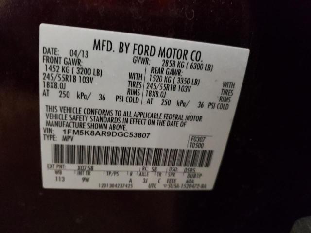 1FM5K8AR9DGC53807 - 2013 FORD EXPLORER P BURGUNDY photo 10