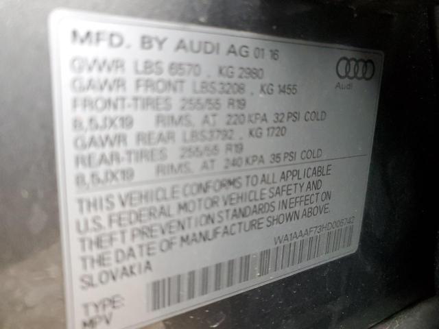 WA1AAAF73HD006742 - 2017 AUDI Q7 PREMIUM GRAY photo 10