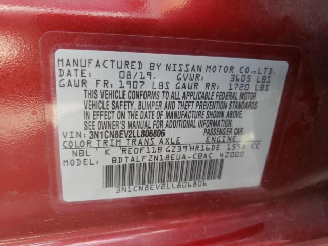 3N1CN8EV2LL806806 - 2020 NISSAN VERSA SV RED photo 10