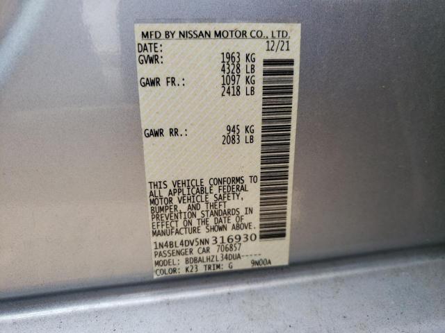 1N4BL4DV5NN316930 - 2022 NISSAN ALTIMA SV SILVER photo 10