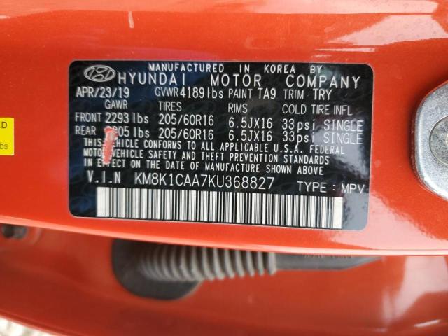 KM8K1CAA7KU368827 - 2019 HYUNDAI KONA SE ORANGE photo 10