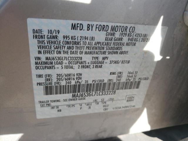 MAJ6S3GL7LC333228 - 2020 FORD ECOSPORT S SILVER photo 10